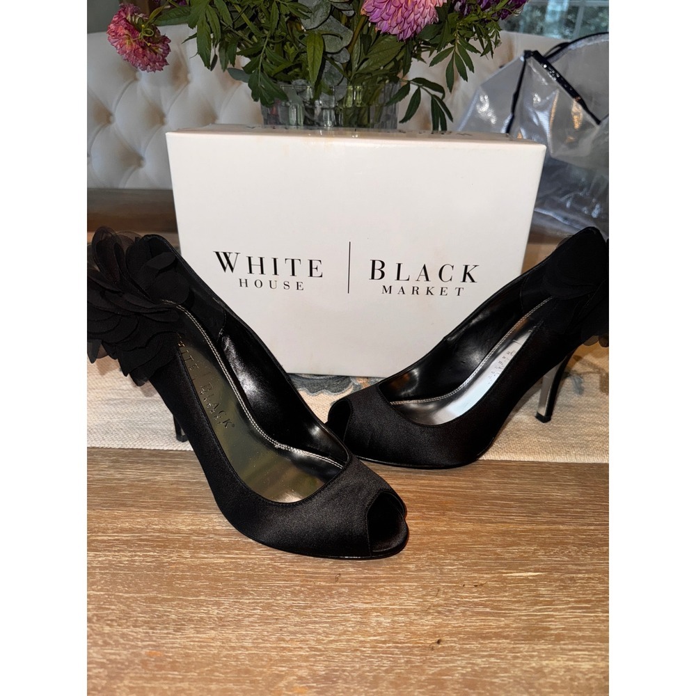 White House Black Market Black Heels Flower Peep Toe Evening Party Shoes 7M - Picture 2 of 8